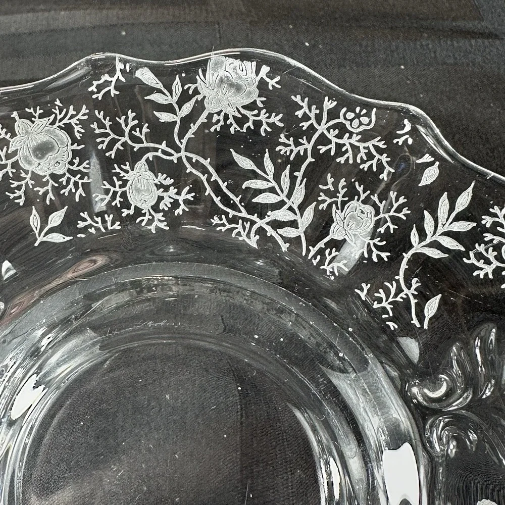 Vintage Fostoria Chintz Trio Set • Etched Glass Cup Saucer Plate • Baroque Blank